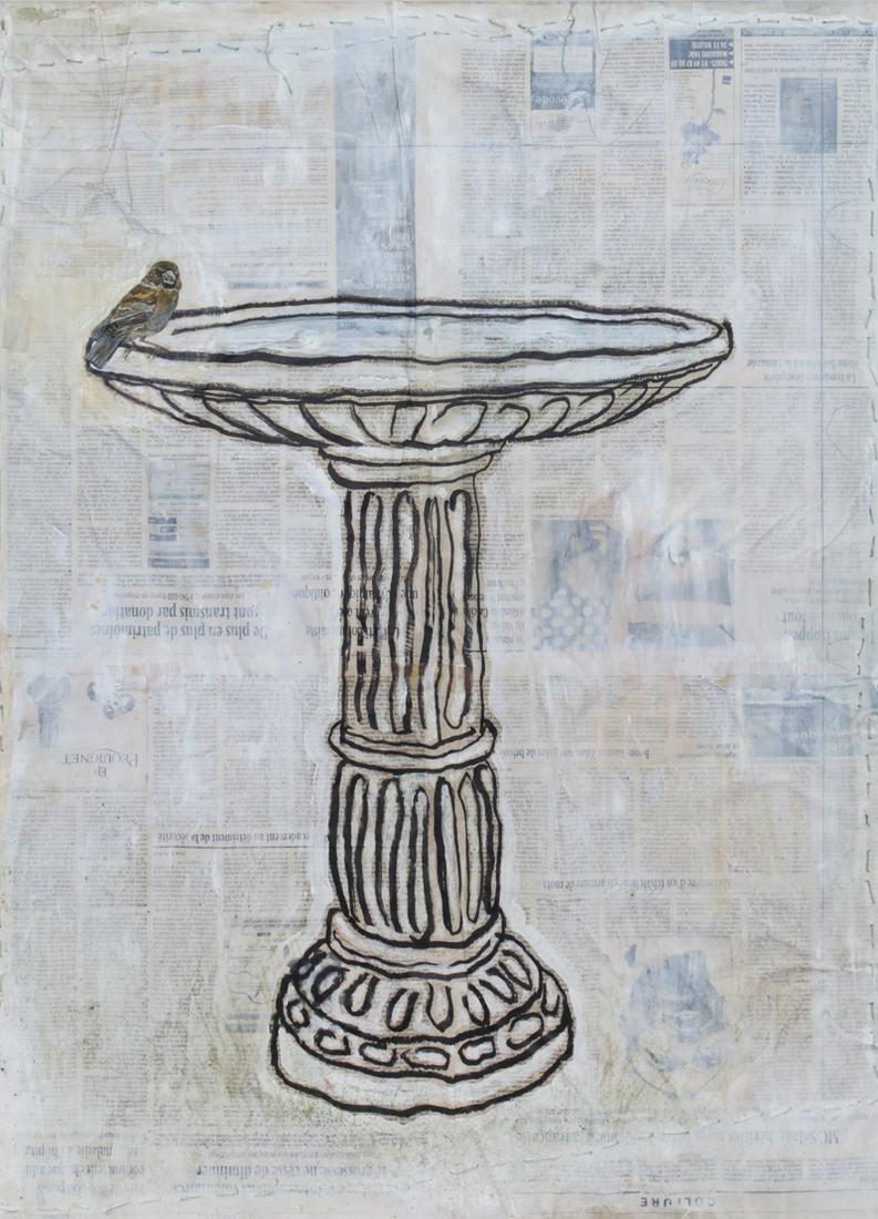 Deborah Baca (20th Century) American: BIRD BATH III, 1997, mixed media on newspaper collage mounted and stitched on to fabric, signed lower center, sight 33 ¼ x 23 ¼”, frame 40 ¾ x 30 ½”. Provenance: Four S