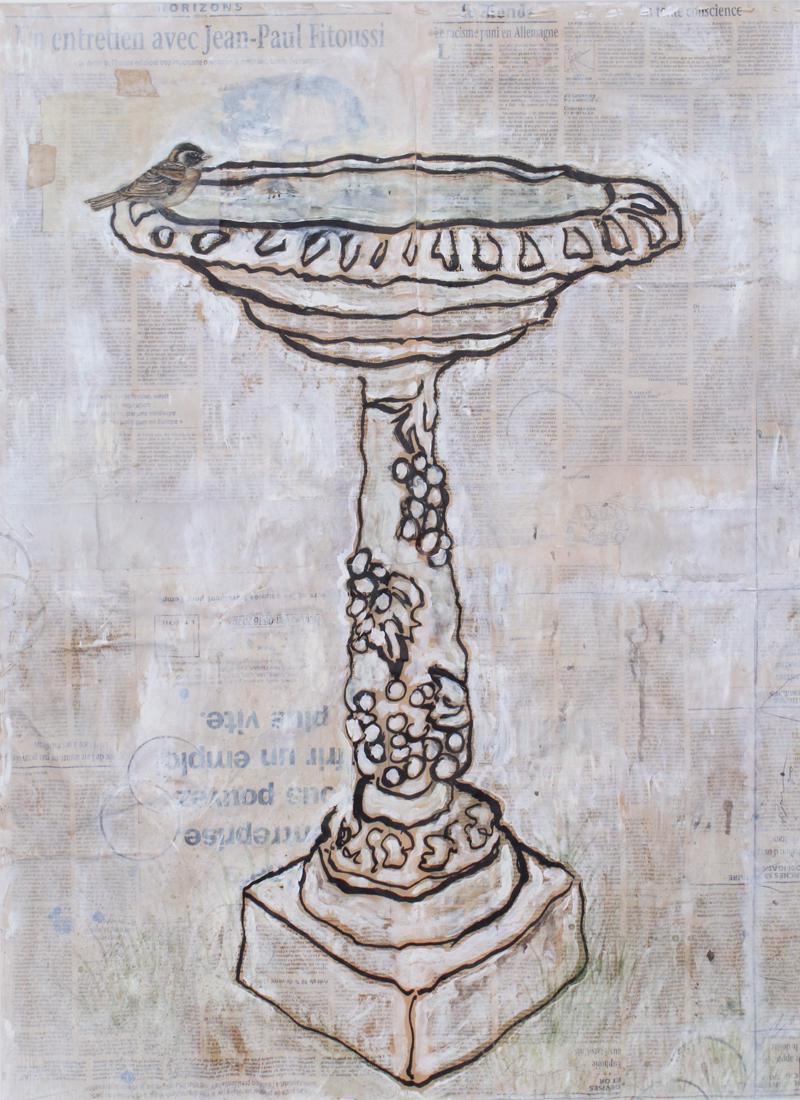 Deborah Baca (20th Century) American: BIRD BATH IV, 1997, mixed media on newspaper collage mounted and stitched on to fabric, signed and dated lower right, sight 33 ¼ x 23 ¼”, frame 40 ¾ x 30 ½”. Provenance