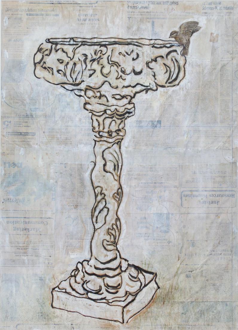 Deborah Baca (20th Century) American: BIRD BATH VI, 1997, mixed media on newspaper collage mounted and stitched on to fabric, signed and dated lower center, sight 33 ¼ x 23 ¼”, frame 40 ¾ x 30 ½”. Provenanc