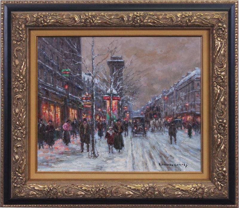 In the Style of Edouard Leon Cortes (1882-1969) French: PARISIAN STREET SCENE, oil painting on canvas, inscribed Edouard Cortes lower right and 14-68778 on verso, with small pinhole at center, 18 x 21 ¾”, frame 27 x 31 x 3”. This work was