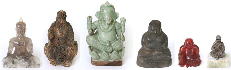 Decorative Arts: Buddha & other figures (six): Rock crystal seated Buddha, 5 x 4 x 2”; Seated carved wood Ancestral Figure, retains some gilding on verso, 5 x 3 ¼ x 2 ¾”, needs support for display; Green glazed porcelain Gane