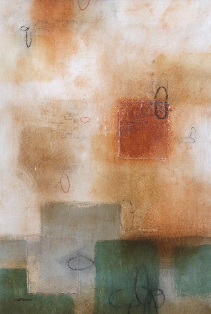 De Rosier (20th Century) American: UNTITLED I, acrylic painting with fabric collage, signed lower left, sight 35 x 23 ½”, frame 49 x 37 ½”. Provenance: Four Seasons Hotel, Carlsbad 1997-2010; Park Hyatt Aviara Res
