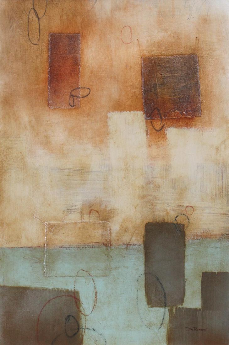 De Rosier (20th Century) American: UNTITLED II, acrylic painting with fabric collage, signed lower right, sight 35 x 23 ½”, frame 49 x 37 ½”. Provenance: Four Seasons Hotel, Carlsbad 1997-2010; Park Hyatt Aviara R
