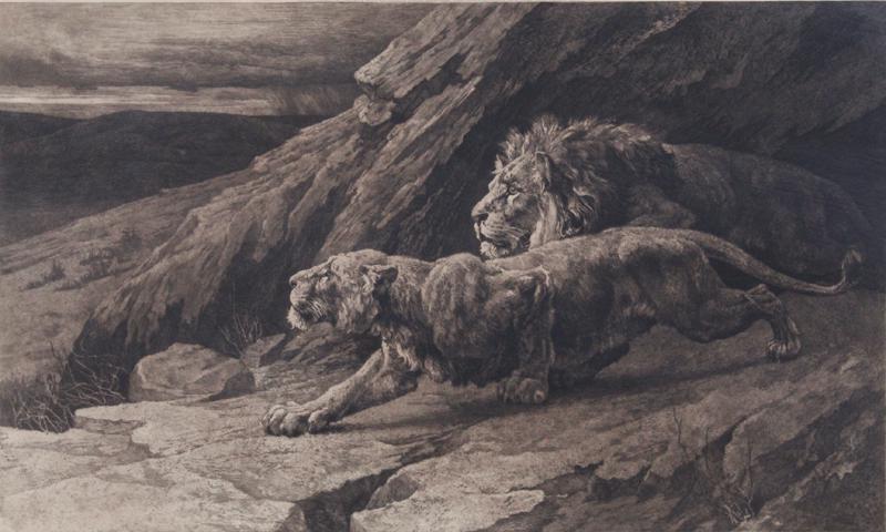 Herbert Dicksee (1862-1942) British: RAIDERS, 1898, etching, published by Frost & Reed Print Sellers of London, a blind stamp lower right, image 15 ½ x 26”, full margins, frame 31 ¼ x 41”. Provenance: Four Seasons H