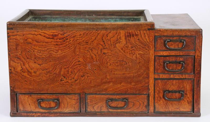 Furniture: Kyoto-Style or Edo Style Naga Hibachi: Wooden firebox brazier hibachi with rectangular copper liner, with five drawers with metal hardware and inset side-handles, overall 13 x 26 x 14”.