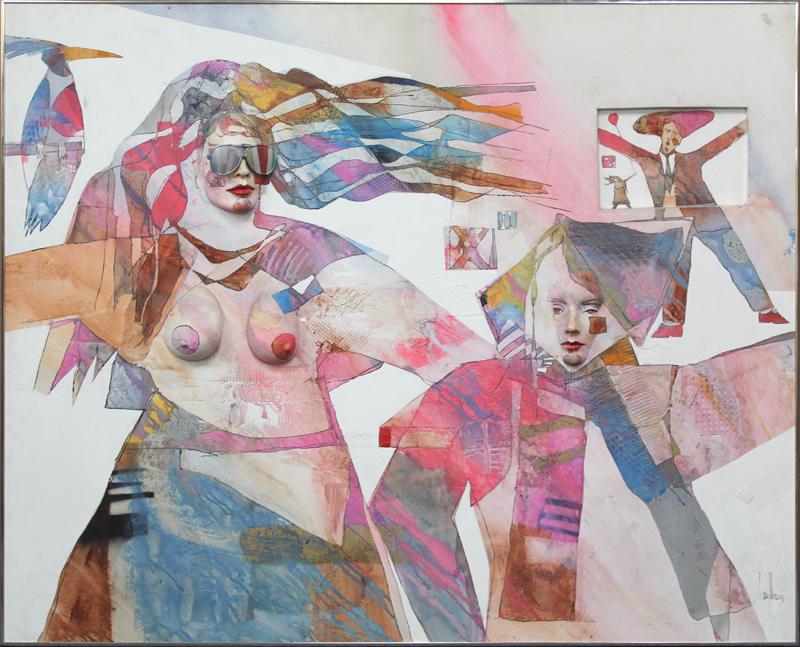 Greg Hawthorne (20th Century) Californian: UNTITLED, 3-D acrylic painting on board with mixed media, signed lower right, 48 ½ x 60 ¼ x 4 ¾” including thin metal frame.