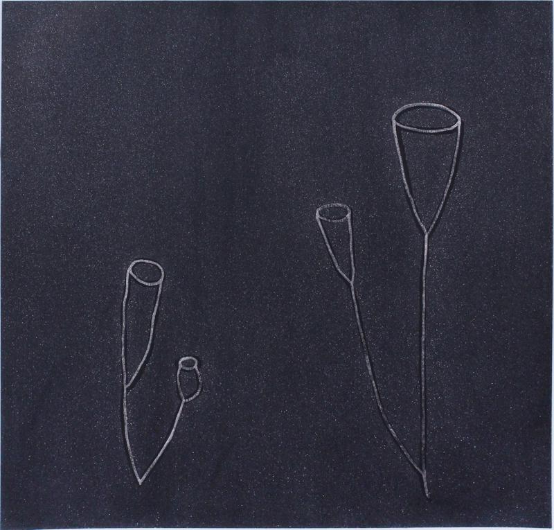 Jami Hewitt (20th Century) American: TULIPS OUTLINES ON BLACK SQUARE, 1997, silver ink drawing on iridescent black paper collaged on to Lanaquarelle hot pressed paper blind stamp lower left, signed and dated lower right, image 10 x 10