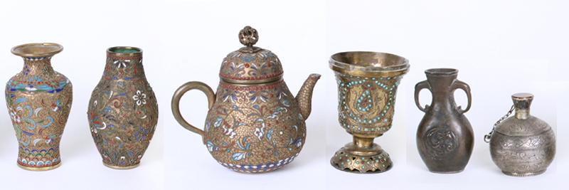 Japanese Champleve & others (six): Two brass champlevé vases each 3 ¾” tall; A lidded brass champlevé teapot with single handle 4 ½” tall; Etched brass chalice with repousee and turquoise and garnet ston