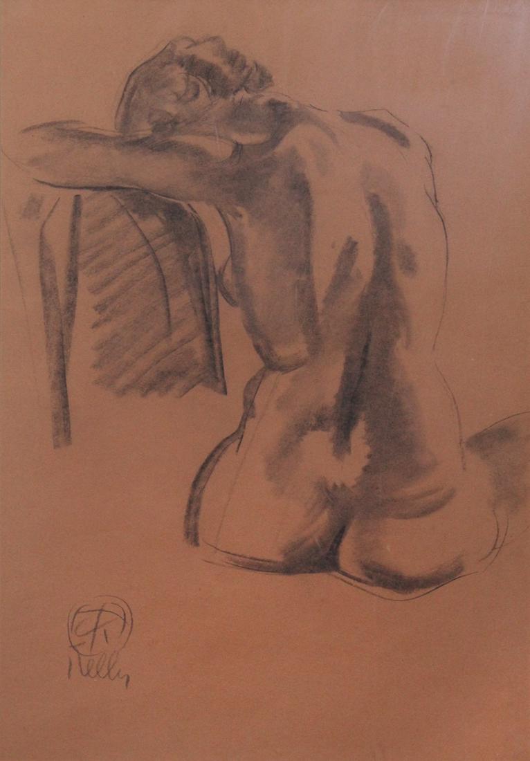 Henry George Keller (1868-1949) Ohio California: BACKSIDE NUDE, charcoal drawing on paper, signed lower left, sight 17 ½ x 11 ½”, frame 24 x 17 ½” with glass. From the estate of Elmer Baker bequeathed to Thomas Baker.