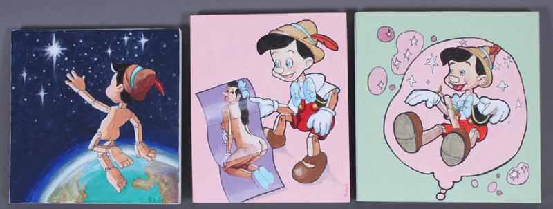 Ralph Massey (b. 1938) California (three): PINOCCHIO from Bad Boy Series, #4, Playboy, Woodie, three oil paintings on wood, each signed lower right, 8 x 7 ¾”, 8 ½ x 7” & 8 ½ x 8”. (3)