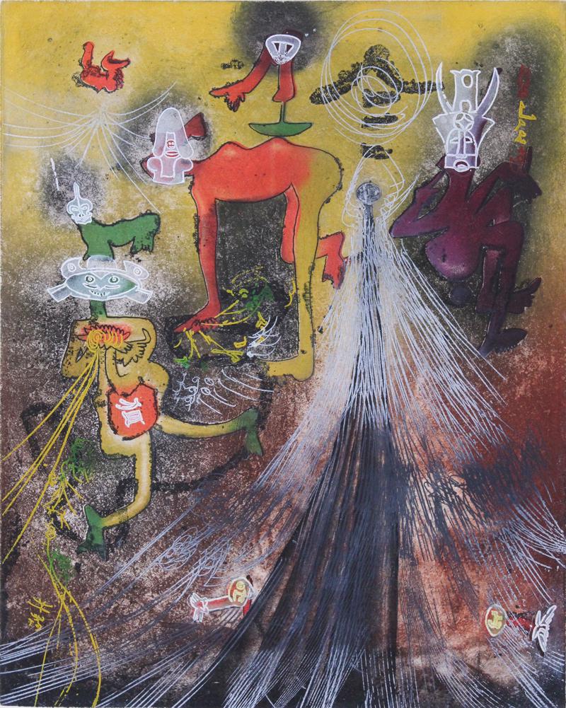 Roberto Matta (1911-2002) Chilean: CARNAMONT from Carnaval series (F.255), 1979, color aquatint etching, signed and numbered 97/100 in pencil, image 19 ½ x 15”, full margins, frame 34 x 29 x 2” with glass.