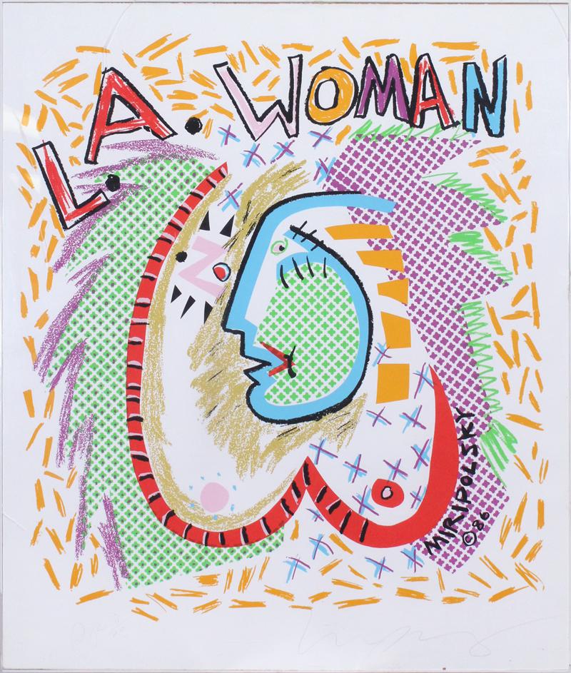 Andre Miripolsky (b. 1951) California: L.A. WOMAN, 1986, color lithograph, signed and inscribed A/P 8/20 (artist’s proof) in pencil, 39 ½ x 33 ½” including thin discardable broken Plexiglas frame.
