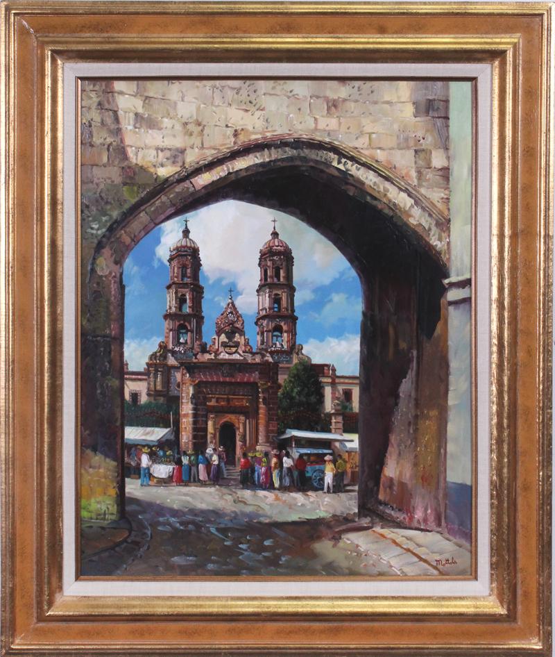 Fil Mottola (1915-2008) California: BASILICA OF ZAPOPAN MEXICO, oil painting on Masonite, signed lower right, artist’s label on verso, 28 x 22”, frame 36 ½ x 30 ½”.