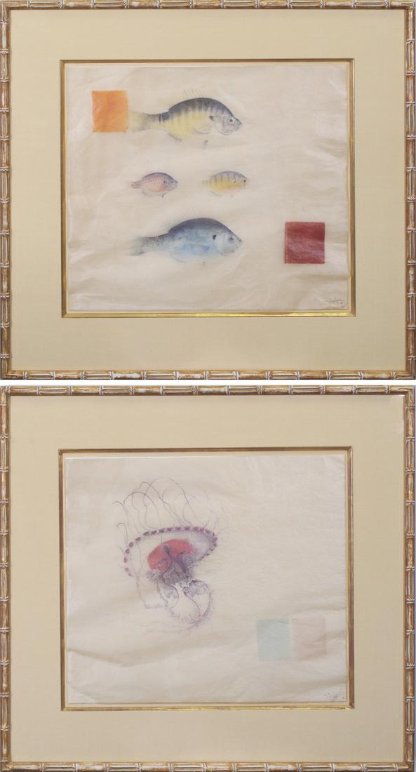 Lori Sing (20th Century) American (two): FISH; JELLY FISH, 1996, two mixed media works on vellum?, both initialed and dated lower right, sheets 17 ½ x 20”, frames 28 x 30”. Provenance: Four Seasons Hotel, Carlsbad 1997-2010;