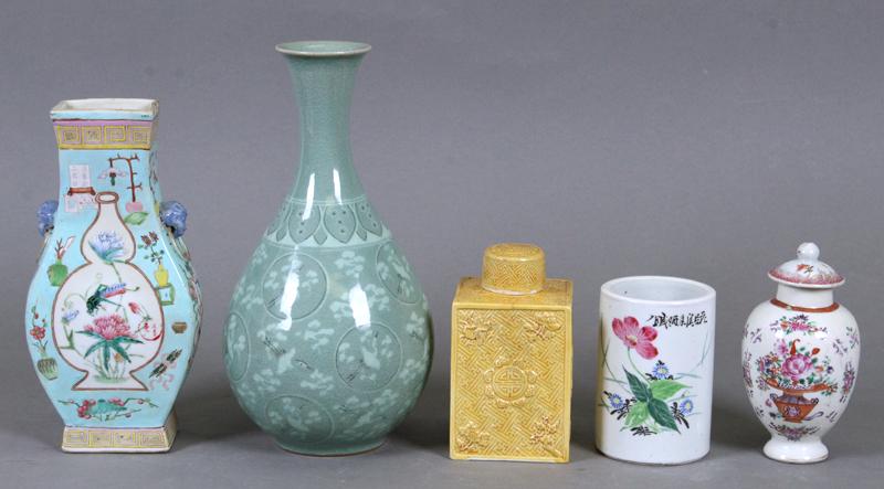 Chinese & Asian Porcelain Group (five): A Chinese enameled porcelain vase with rectangular body flanked with inset ringed handles, with turquoise background and traditional flower and daily life motif, 9 ½ x 4 ½ x 3 ½”;