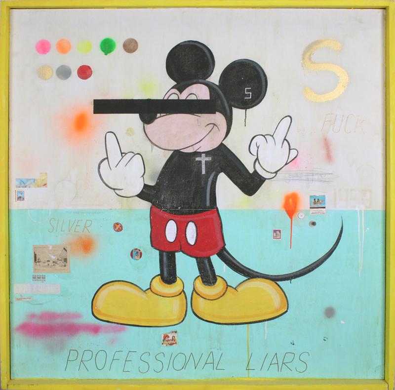 Date Farmers Armando Lerma and Carlos Ramirez (20th/: PROFESSIONAL LIARS, 2013, acrylic and mixed media collage on wood panel, signed and dated on verso, with artist’s frame 50 x 50 x 3”. Provenance: ACE Gallery, Los Angeles; Gallery Price $2