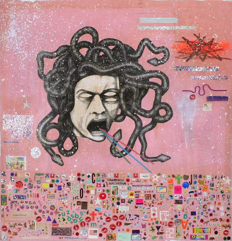 Date Farmers Armando Lerma and Carlos Ramirez (20th/: SPARKLY STICKERS, 2014, acrylic and mixed media collage on wood panel, signed and dated and inscribed Coca Cola on verso, with artist’s frame 50 x 50 x 4”. Provenance: ACE Gallery, Los Ang