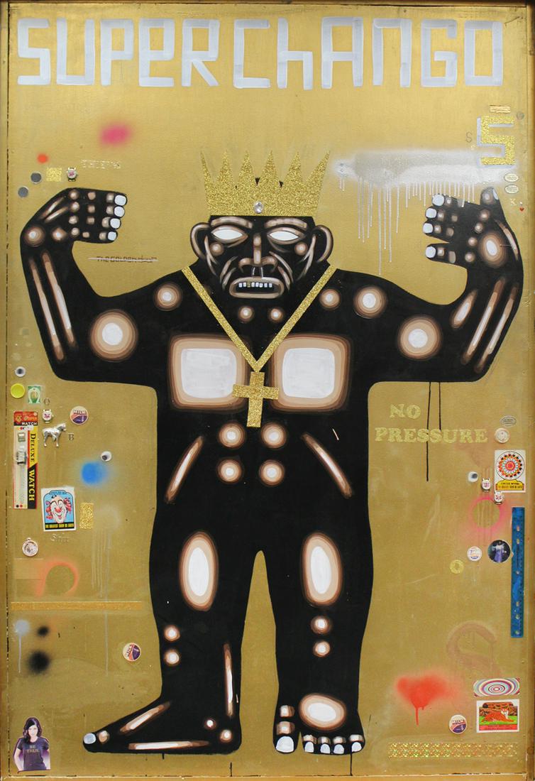 Date Farmers Armando Lerma and Carlos Ramirez (20th/: THE GREATEST SHOW ON EARTH, 2013, acrylic and mixed media collage on wood panel, signed and dated on verso, with artist’s frame 74 x 50 x 6”. Provenance: ACE Gallery, Los Angeles; Gallery