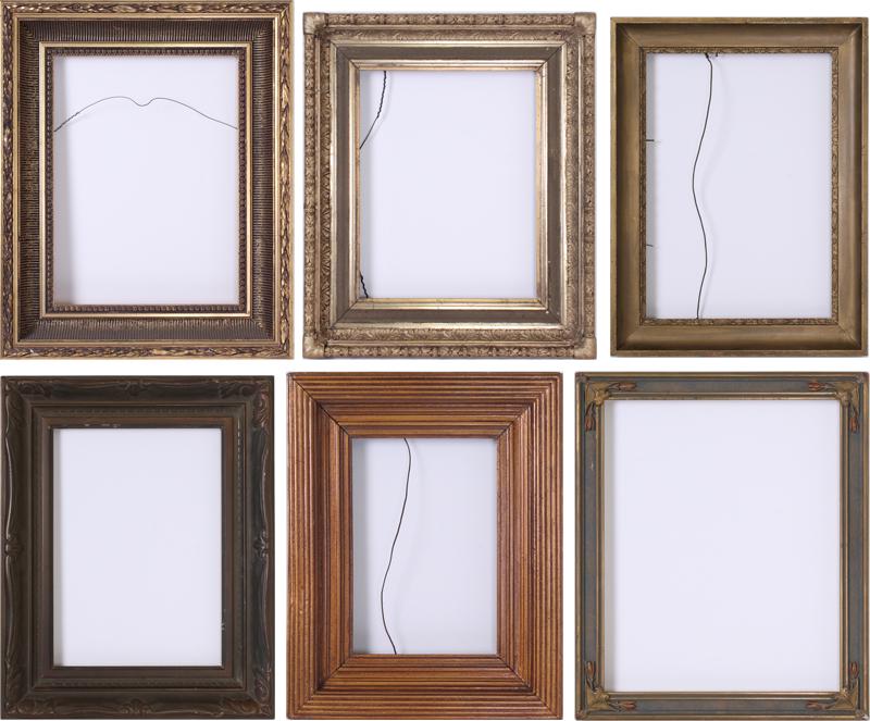 Custom or Antique Frames (six): Gilt wood sectional frame 21 ½ x 17 ½ x 2 ½”, fits 16 x 12”; Gilt wood sectional frame with composition 20 x 17”, fits 15 x 11 ¼”; Painted sectional frame 2