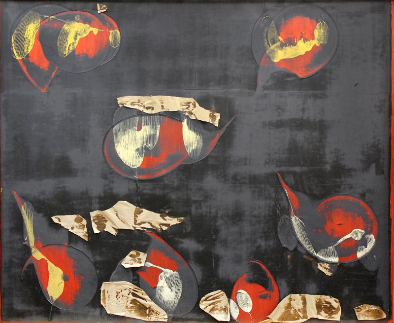 Christian Garnett (b. 1957) American: DOUBLE NEGATIVE, 1993, oil painting with collage on linen, a signature not found, 92 ¼ x 78 ¼ x 1 ¼”. Provenance: Pamela Auchincloss Gallery, NYC; ACE Gallery, Los Angeles.