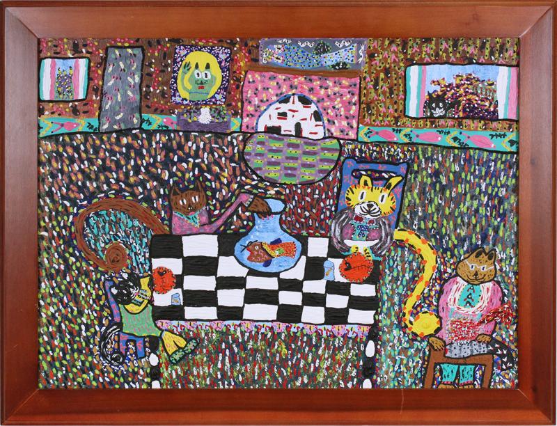 Bonnie Grove (20th Century) Ohio: THE CAT FISHBOWL PARTY, 1992, acrylic painting on panel, signed and dated lower right, 24 x 32”, frame 28 ¼ x 36 ¼”.