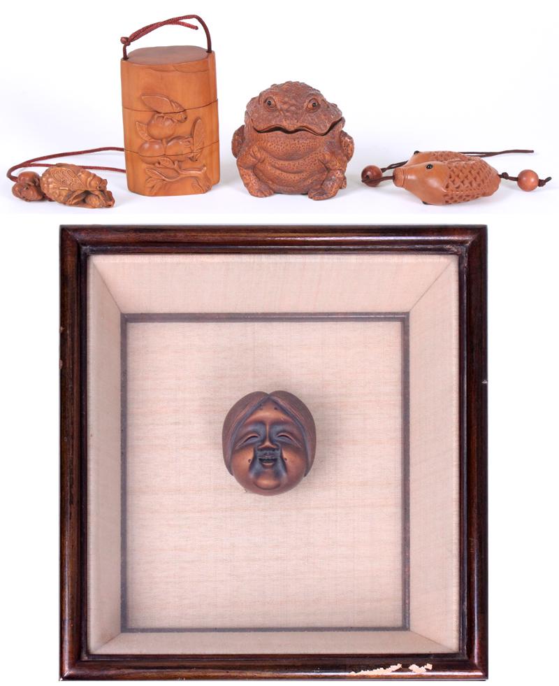 Japanese Inro (3) & Wood Carvings (four): Inro three-part box with insect and lychee design, with netsuke and ojime on string, box 3 ½ x 2 ½ x 1 ½”, full length extended 13 ¼”; Double fish carved medicine box w