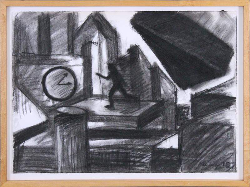 John Okulick (b. 1947) California: RUNNER, 1985, charcoal drawing on paper, signed and dated lower right, 13 x 17 ½”, frame 15 x 19 ½” with Plexiglas. Provenance: Artist’s label on frame verso.