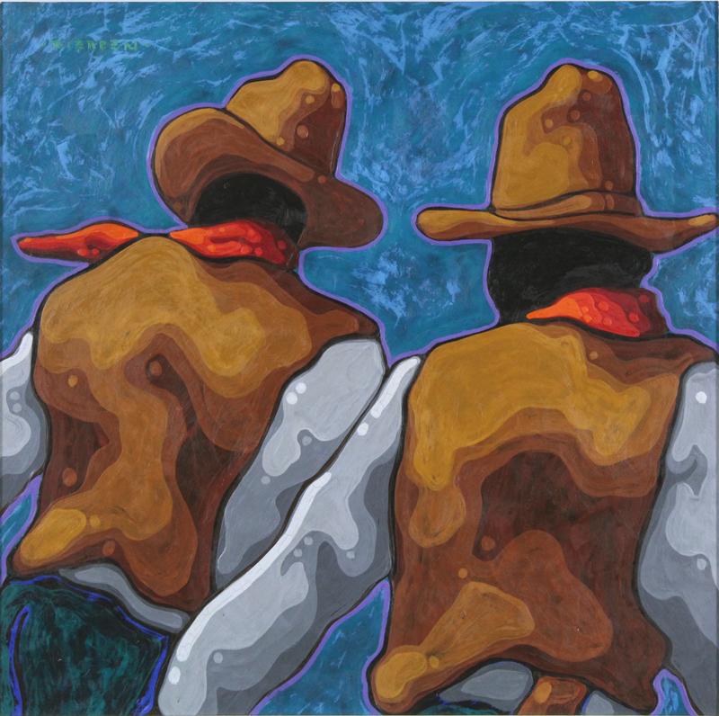 Tom Rierden (b. 1960) Arizona: THE COW HANDS, casein painting on Masonite, signed upper left, 12 x 12”, frame 18 ½ x 18 ½”. Provenance: Waterworks Gallery Inc., Washington.