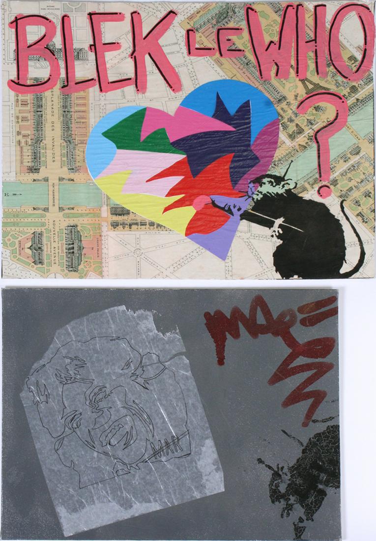 Street Art: MAR (b. 1974) California (two): BLEK LE WHO; UNTITLED GRAY, two, each an acrylic painting with collage and spray paint on Blick canvas panel, the second signed lower right, 16 x 20” & 14 x 18”. (2)