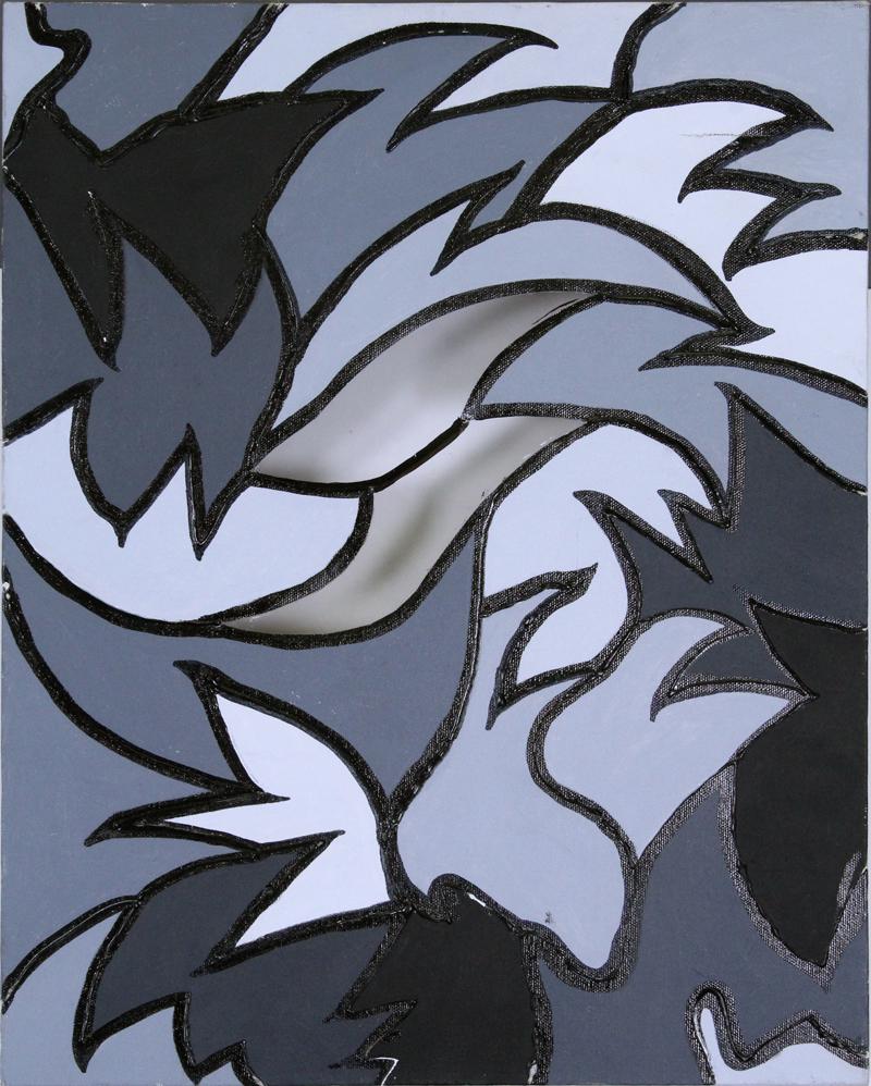 Street Art: MAR (b. 1974) California: UNTITLED PATTERN, acrylic painting on canvas with cut-out and plastic collage, 20 x 16”.