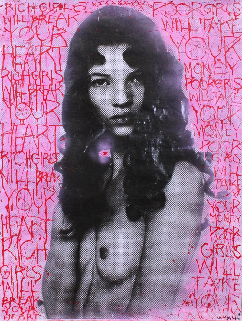 Street Art: Chad Muska (b. 1977) American: RICH GIRLS, POOR GIRLS, acrylic painting, stray paint and mixed media on paper, signed lower right, 48 x 36”.