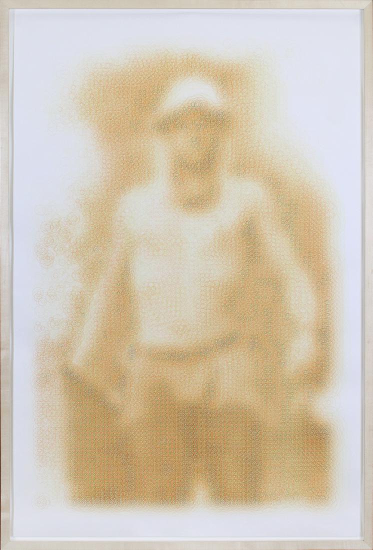 Christopher Taggart (b. 1973) California: SELF PORTRAIT A GHOST (Fisherman), 2004, color spirograph ink drawing on paper, signed and titled and dated on verso, sheet 45 x 29”, frame 47 ½ x 31 ½”. Provenance: ACE Gallery,