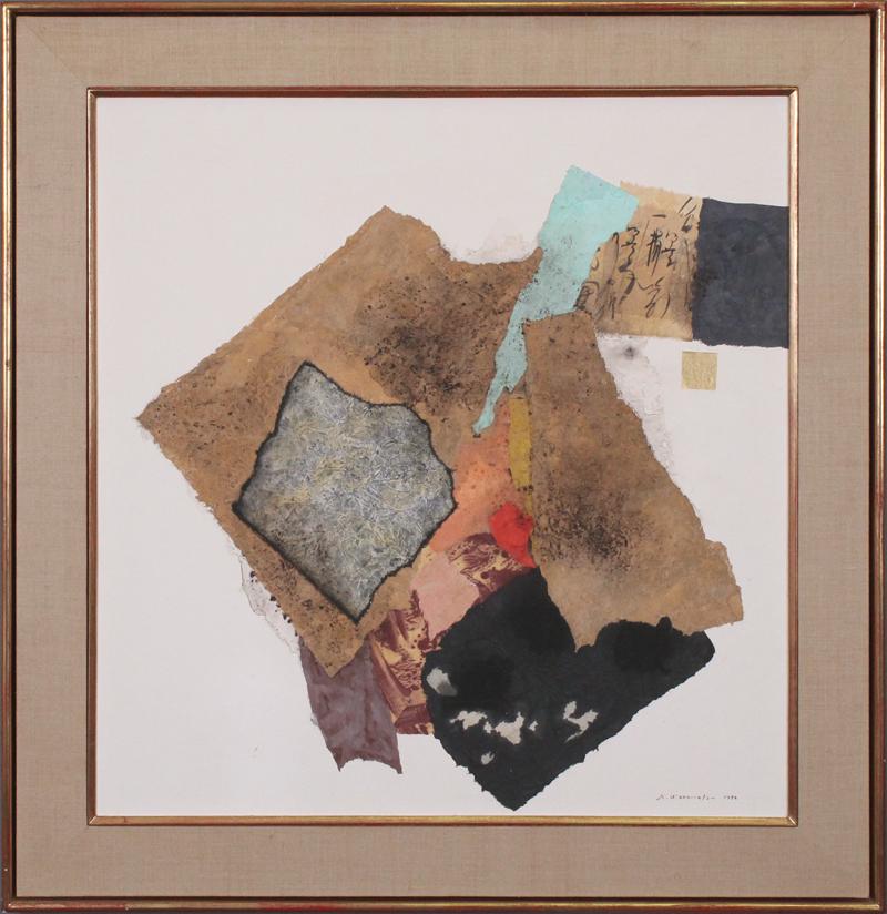 Koichiro Wakamatsu (1914-1995) Japanese: UNTITLED, 1970, multi-paper collage and acrylic painting on canvas, signed and dated lower right and inscribed and dated on verso, 25 x 24”, frame 31 x 30”.