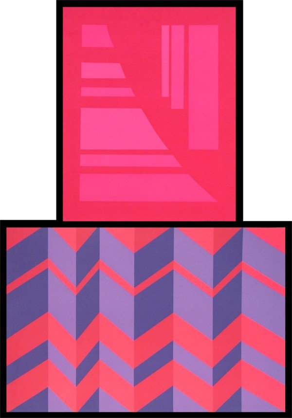 Florence Arnold (1900-1994) American (two): FUCHSIA AND PURPLE GEOMETRIC, color screenprint, signed in pencil on verso, from the numbered edition 25, sheet 30 x 20", printed by Cirrus, scuffs and stray lines visible only at certain angels, smal