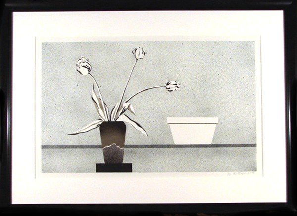 Ed Baynard (b. 1940) American: STILL LIFE, 1978, monochromatic lithograph, signed in pencil, from the numbered edition 25, image 22 x 36", full margins, framed, some loss to lower moulding finish only.
