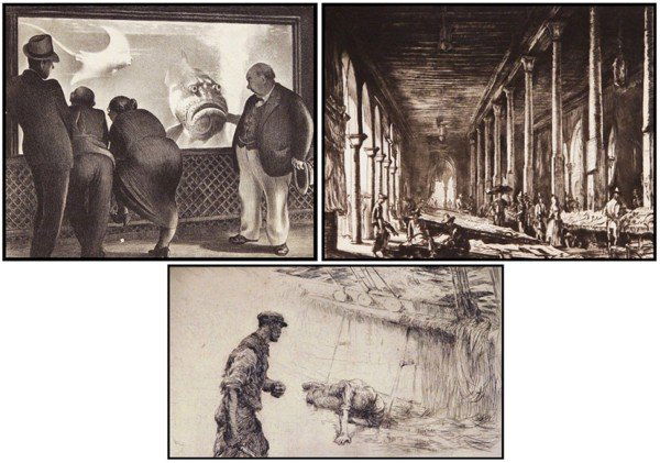 Mable Dwight; Muirhead Bone; & Arthur Brisco (thre: QUEER FISH, lithograph, image 10 ½ x 13", small loss spot lower center and left edge of image; Together with Muirhead Bone, FISH MARKET, VENICE, engraving, signed in pencil, image 9 x 11 ½", creases