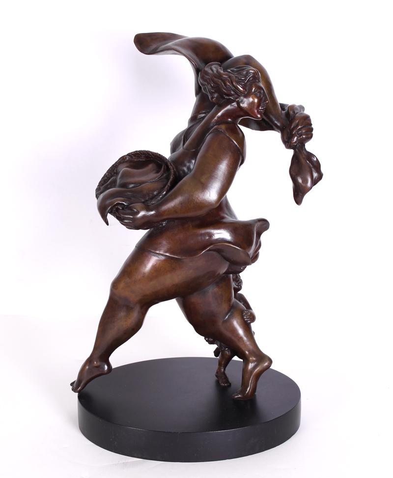 Jack Di Giuseppe (1939-2011) Michigan: STORM, 2003, cast bronze sculpture with golden brown patina, signed, artist’s exhibition labels underneath, overall 21 x 13 x 9 ½” with oval wood base, weight 37 pounds.