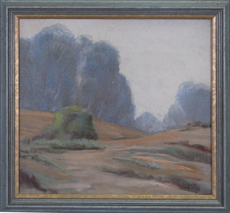 Samuel Hyde Harris (1889-1977) California: DESERT LANDSCAPE, oil painting on the backside of Masonite, signed lower right, 14 x 15 ½”, frame 16 ½ x 18”.