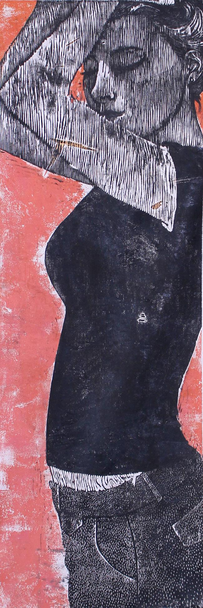 Allison Hyde (20th/ 21st Century) Washington Oregon: SELF PORTRAIT, 2006, color woodblock print on muslin, signed in pencil lower right, 36 x 12”, appears to be in artist’s designed frame, overall 51 x 27”.
