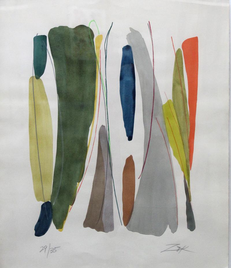 Larry Zox (1937-2006) American: PRUSSIAN BLUE, 1978, color pochoir, signed and numbered 29/35 in pencil, sheet 30 ½ x 25 ¾”, welded metal frame 32 ¼ x 27 ¼” with Plexiglas. Provenance: Pace Editions, 
