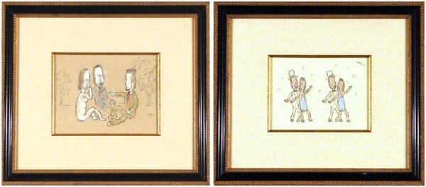 William Anthony (20th Century) American (two): DANCING COUPLE, 1990; LUNCH WITH MANET, 1988, two pencil drawings with color pastel on paper, each signed and dated, sizes 6 ½ x 8 ½", 7 ½ x 10", both framed with glass. (2)