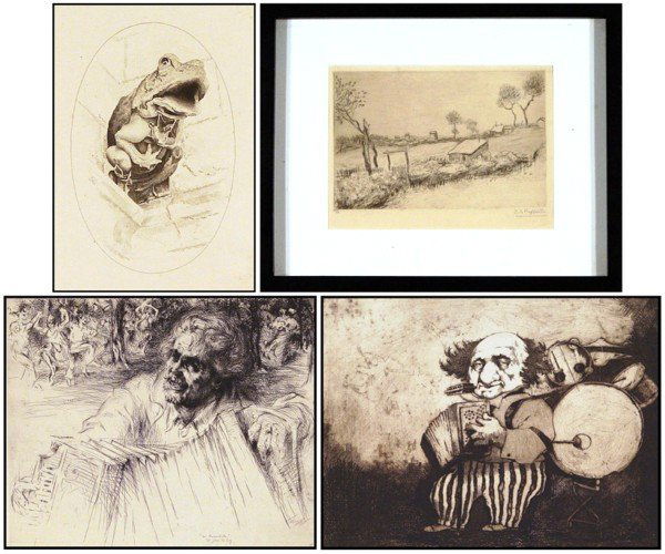 John Taylor Arms, Jean Francois Raffaelli, Arthur H: FROG OF TOUR CHARLES VIII, #6 from the Gargoyle Series, 1921, etching, signed in pencil, from the numbered edition 40, plate 8 ½ x 5 ½", a few discoloration spots, minor surface rubs; Together with