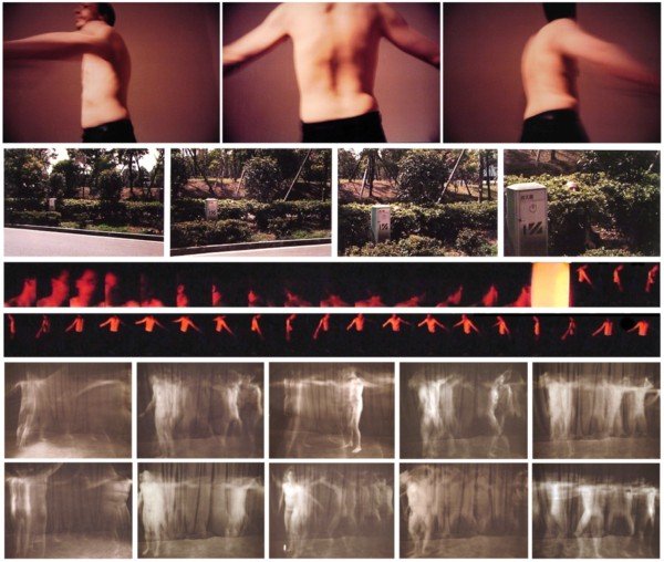 Skip Arnold (20th Century) American (nineteen): SPINNING MAN, THREE ANGLES, three color c-prints, each signed in marker and inscribed "final proof", each image 15 ½ x 24" on irregular hand-cut sheets; HIDING, TOKYO JAPAN, two of the same color C-p