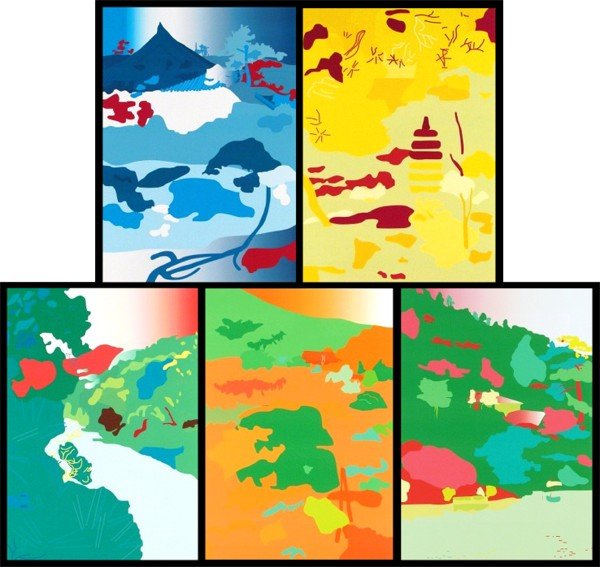 Tom Baldwin (20th Century) American (five): GARDEN TEMPLES, five color iris prints, images 26 x 18 ½", with large margins, sheets 30 x 21, all initialed and dated on verso and inscribed 'ready to print or proof', a few notes handwritten in mar