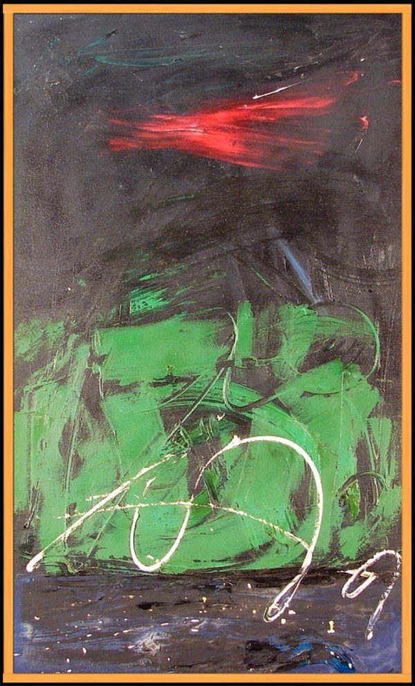 Jules Engel (1909-2003) American: COMPOSITION #3, 1961, oil painting on canvas, signed on verso, 40 x 24", framed, minor surface dust, otherwise in good condition. Provenance: Ester Robles Gallery, Los Angeles