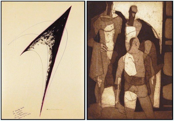 Nino Franchina (1912-1988) Italian & George De Groa: UNTITLED STUDY FOR SCULPTURE, 1952, ink and watercolor on paper, signed in ink and dedicated to Sanford Roth, 1954, 17 ¾ x 12 ½", vertical crease center from top to bottom, mild discoloration at she