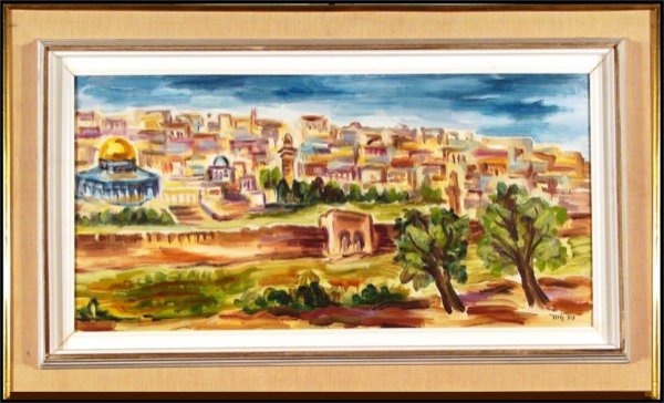 David Gilboa (b. 1910) Israeli: SAFED, oil painting on canvas, signed lower right, 13 ¾ x 27 ½", artist's label on verso, framed.