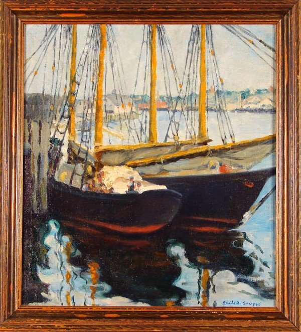 Emile Albert Gruppe (1896-1978) American: HARBOR, oil painting on canvas, signed lower right, 21 x 19", framed, in-painting mainly in sky area, cracking lower right with small chips, otherwise in good condition.