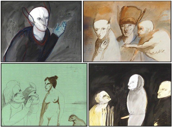 Gary Hansmann (20th Century) American (four): VARIOUS, three watercolors with ink drawings, one with pastel, and one ink drawing with watercolor, all on paper, each signed and inscribed, one 17 ½ x 25 ½", other three 19 ¾ x 26". (4)