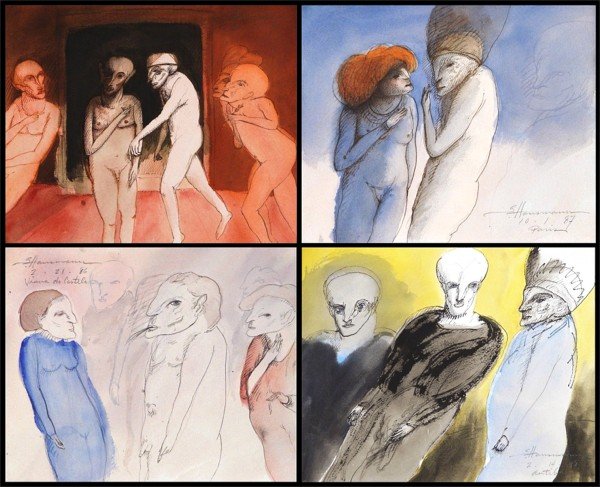 Gary Hansmann (20th Century) American (four): VARIOUS, four watercolor and ink drawings on paper, each signed and inscribed, sizes 9 ¼ x 11 ¼". (4)
